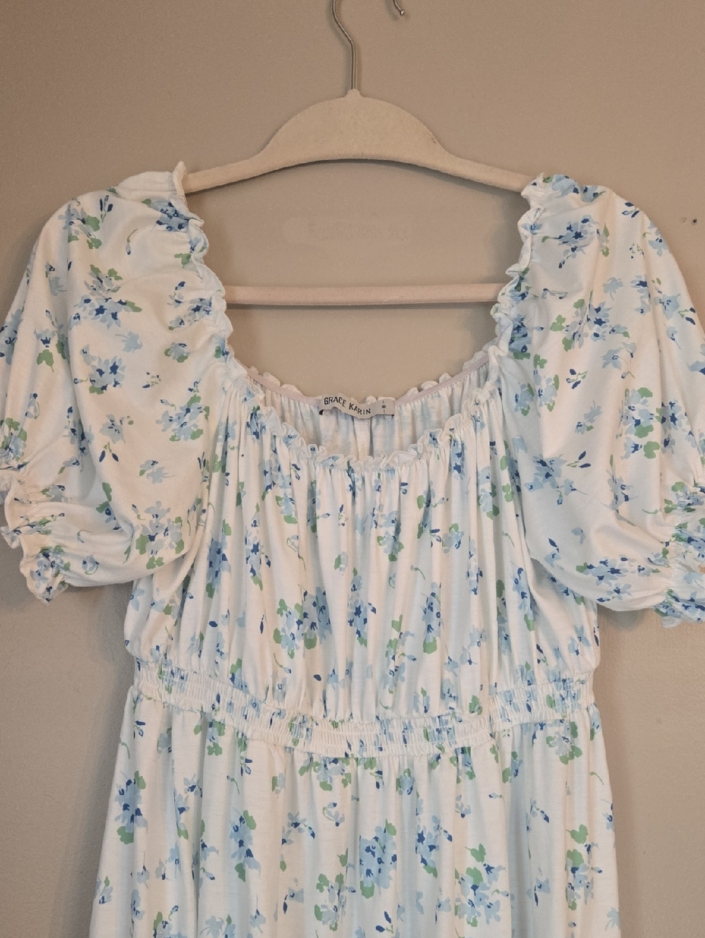 Grace Karin - White Floral Puff Sleeve Midi Dress with Blue & Green Print - Picture 3 of 4